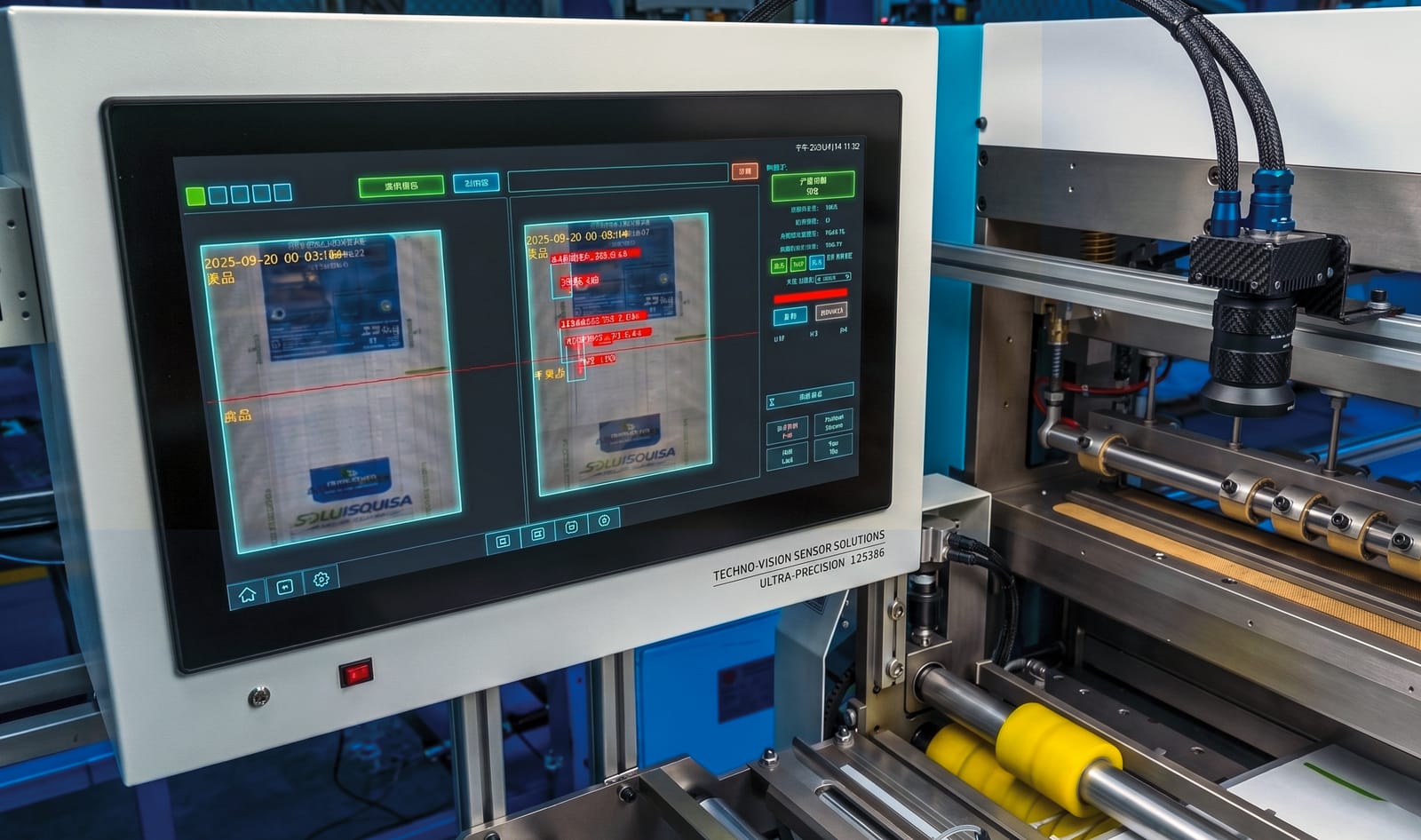 AI vision inspection HMI on a bag line comparing the printed bag against a reference, with detected print faults highlighted